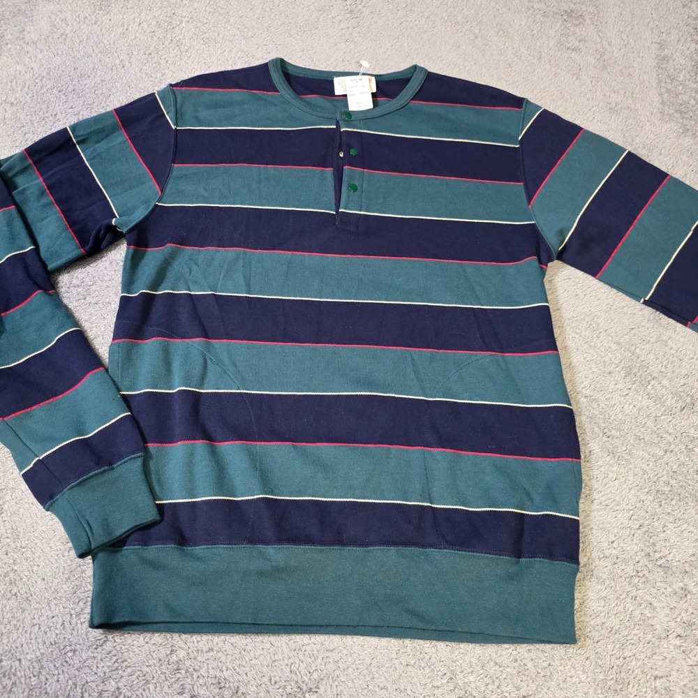 Lord Jeff Mens Medium Henley Pullover Teal Navy Striped Cotton Side Pockets